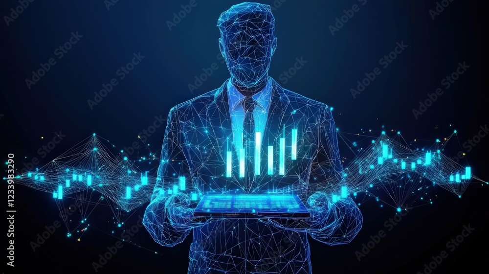 Poster man in suit holding laptop with network of lines and dots representing digital connectivity