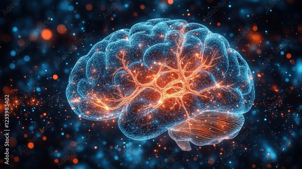 Poster brain with glowing neurons illustrating neural connections and activity in a scientific representati