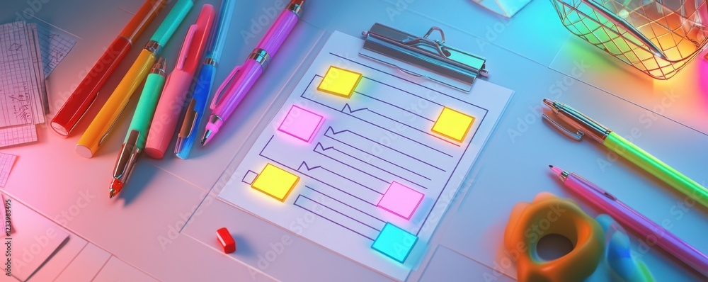 Poster a colorful workspace featuring a clipboard with notes, sticky notes, and various stationery items ar