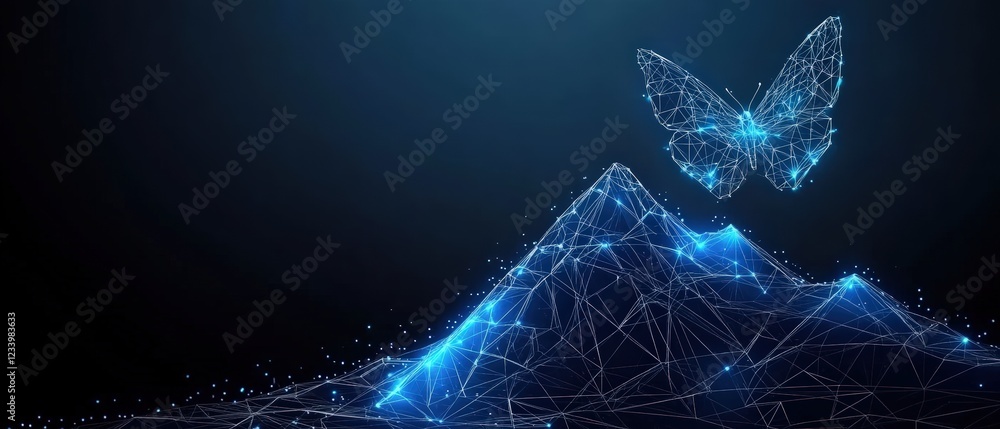 Aufkleber bird in flight above mountain landscape with network of lines representing connectivity and movement