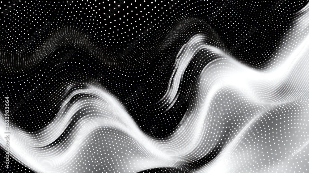 Poster white data waves flow on dark digital background, abstract tech design