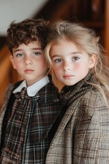 Kids display a refined sense of style in traditional luxury garments, standing gracefully in front of ornate vintage decor, highlighting rich textures and warm colors