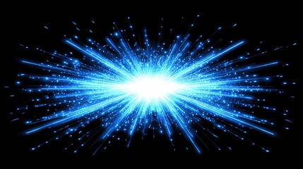 Fototapeta premium Abstract cyber explosion of digital light fragments, glowing blue particles scattering across a dark background with copy space.