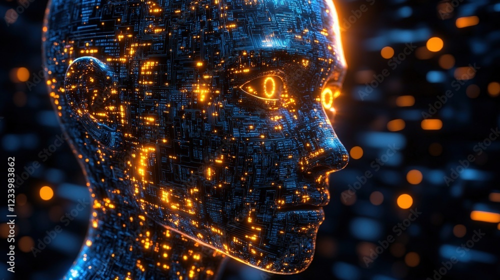 Poster robot head with glowing lights and intricate design on a dark background