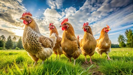 Fototapeta premium Chickens standing in a grassy field, showcasing a serene farm setting and capturing the chickens' natural behavior.