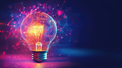 A creative business startup concept with lightbulb innovation and futuristic holographic tech, copy space.