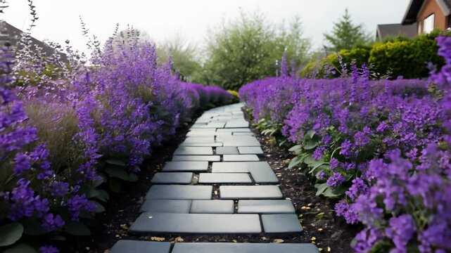 Stone pathway winding through vibrant purple lavender fields, rustic walkway with natural flagstones bordered by flowering plants, atmospheric garden scene with soft focus background and green foliage