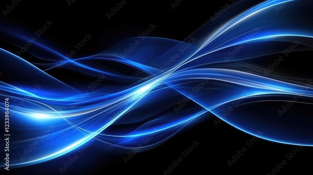 Poster abstract futuristic digital waves flowing in deep blue tones, glowing softly in a high-tech sci-fi e