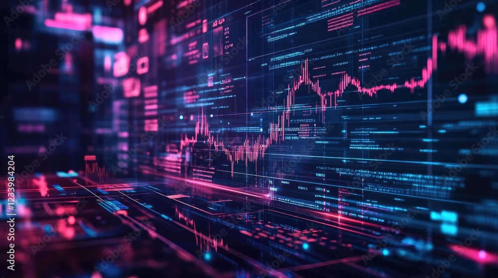 Poster a cyber startup theme with floating financial growth graphs and interconnected business strategy sym