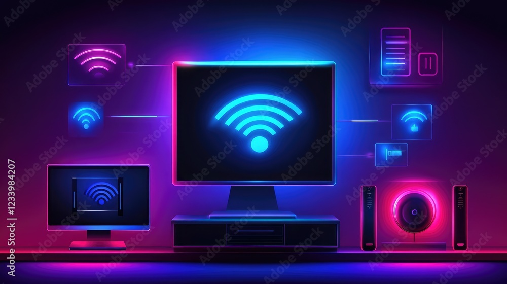 Poster abstract futuristic iot network with pulsing cyber-light nodes, floating wireless icons, and smooth 