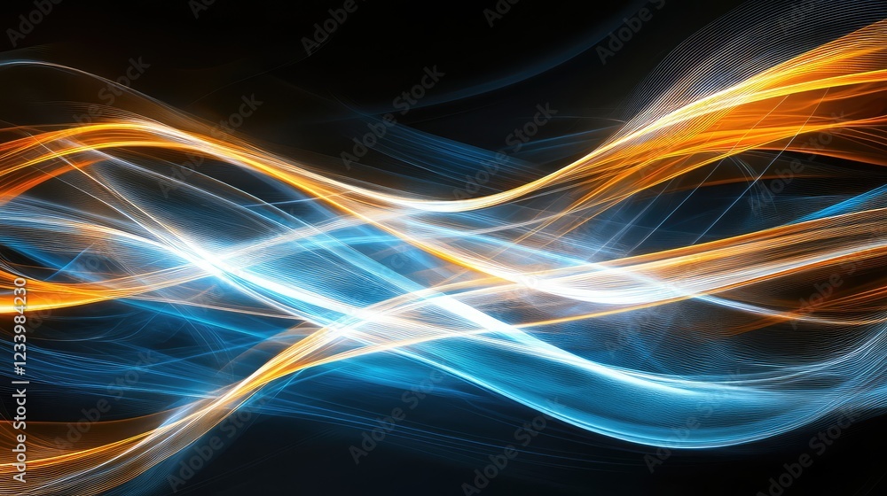 Poster abstract futuristic energy lines flowing across a dark background, creating a dynamic high-tech wave