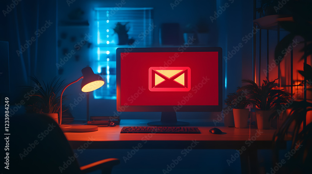 Poster a computer screen glows red with an email icon in a dimly lit room. plants and a desk lamp add to th
