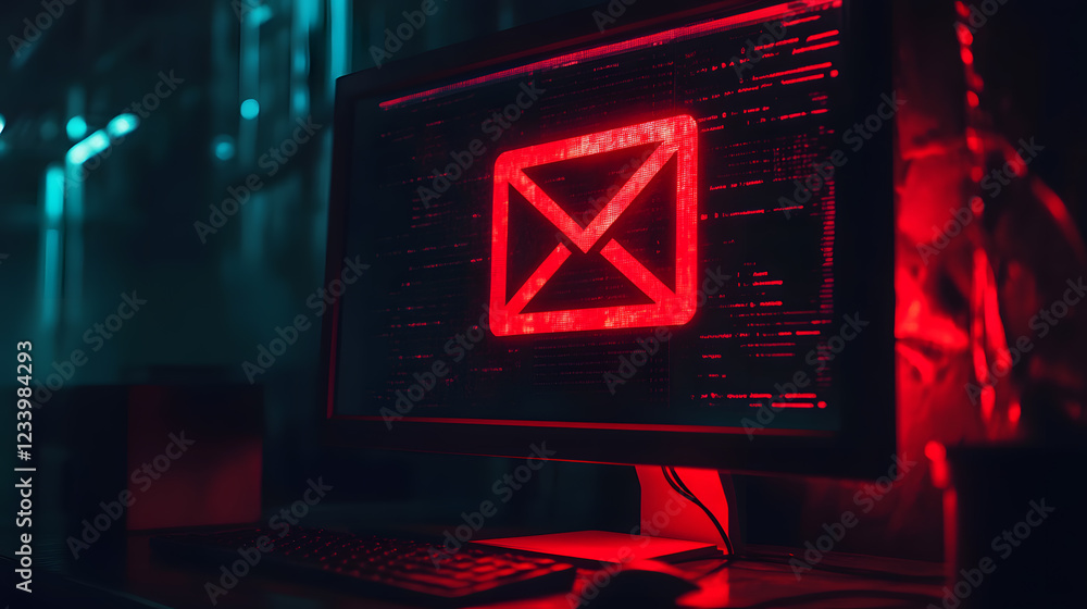 Poster a glowing red email icon displayed on a computer screen in a dark, dimly lit room, suggesting themes