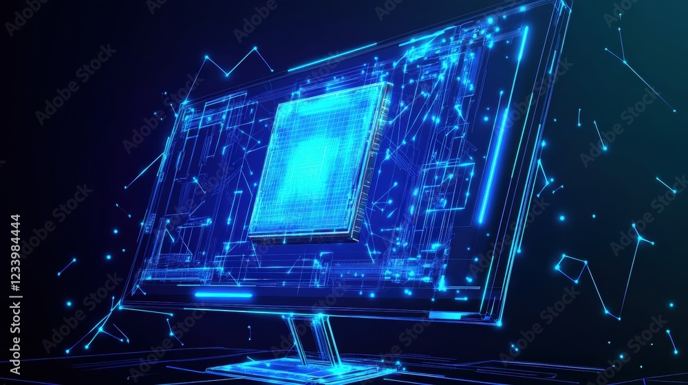 Poster computer with blue background and visible circuit design displaying technology and connectivity them