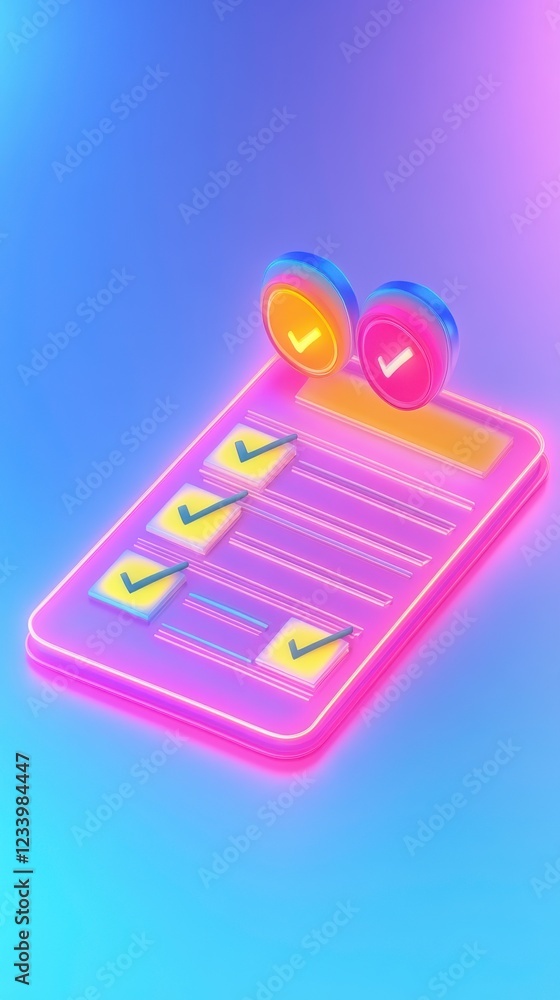 Poster a vibrant checklist with colorful check marks and icons, set against a glowing gradient background.