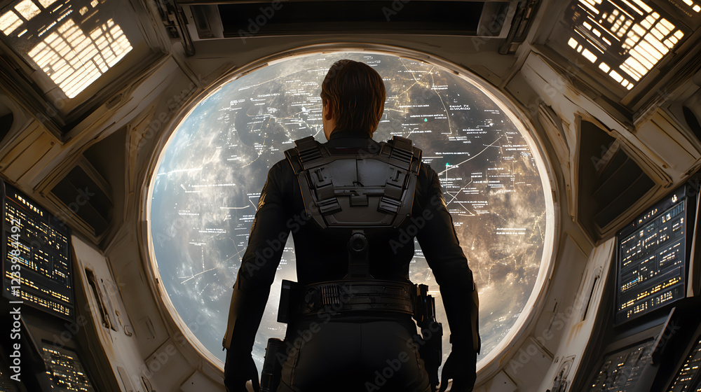 Poster a lone figure in tactical gear stands before a large viewport displaying a planet with data overlays