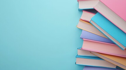 Colorful Books Stacked on Blue Background