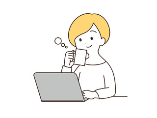 飲み物を飲みながらパソコンを操作する女性　イラスト素材