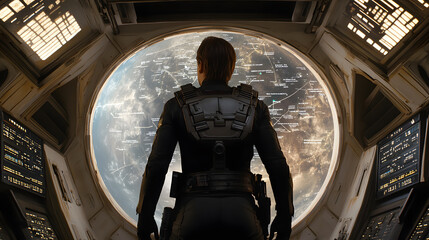 A lone figure in tactical gear stands before a large viewport displaying a planet with data overlays. The scene evokes a futuristic spaceship interior.
