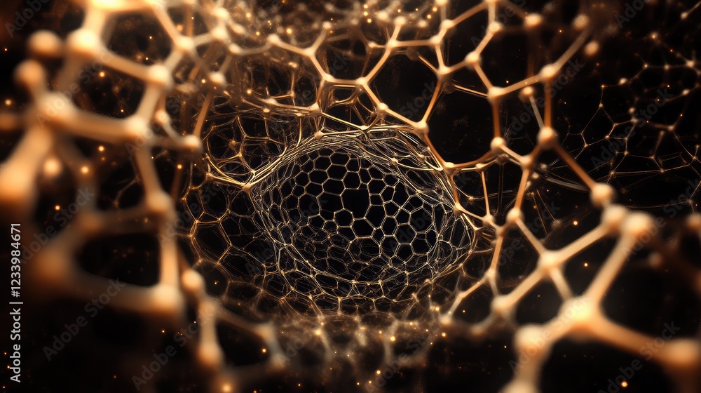 Poster abstract molecular nanotechnology with intricate geometric structures and glowing dots, with ample s