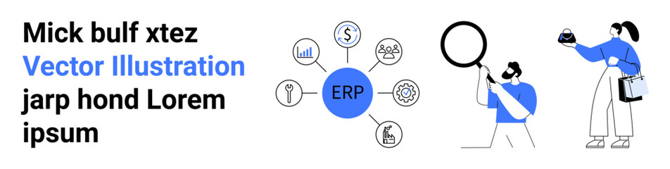 ERP hub connecting financial, manufacturing, and supply chain icons. Team using magnifying glass, holding data to evaluate systems. Ideal for business, tech, collaboration, organization finance