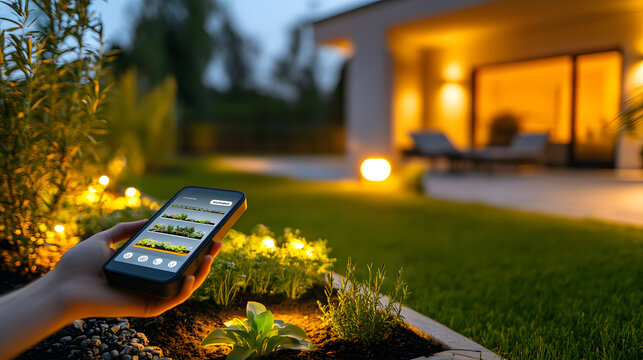 A hand holds a smartphone displaying a smart garden app.  The phone is in front of a beautifully lit backyard at dusk, showcasing smart home technology.