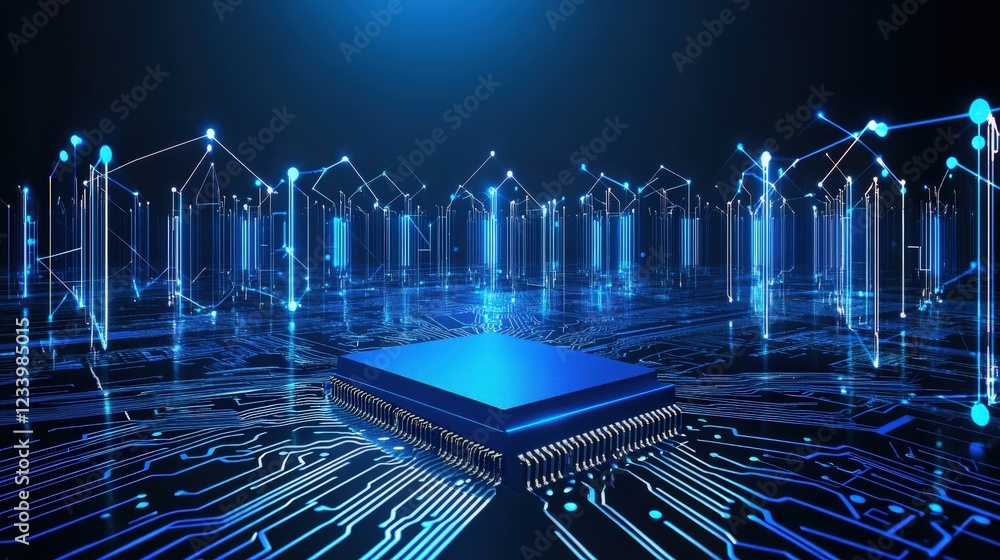 Poster close-up of a blue circuit board with intricate patterns and connections in electronic technology