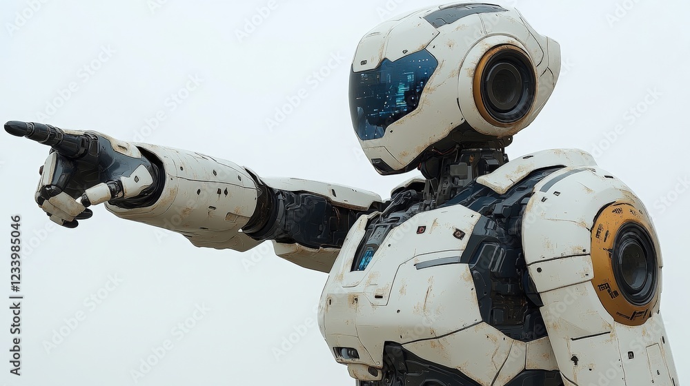Poster robot pointing at a direction with a raised arm in a futuristic environment