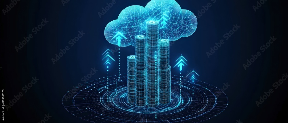Poster cloud computing system architecture with digital cloud symbol representing data storage and processi