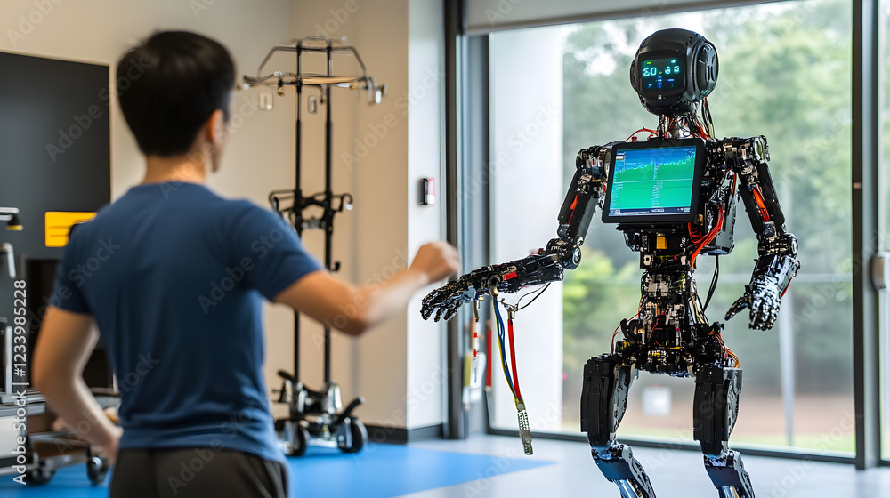 Poster a man interacts with a sophisticated humanoid robot in a modern setting. the robot has a screen disp