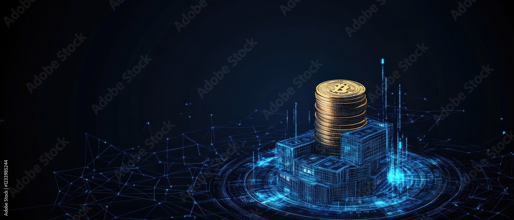 Poster stack of coins on a network background symbolizing finance and digital currency concepts