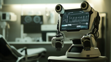 A futuristic medical robot with a screen displaying vital signs stands in a modern hospital room.  The robot has articulated arms and a sleek design.