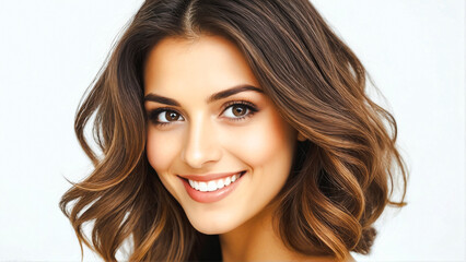 Naklejka premium Portrait of a delightful beauty with beautiful big eyes, long hair and cute smile. The model poses in front of the camera on a white background, close-up.