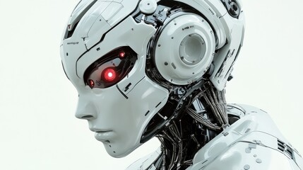 Fototapeta premium Abstract robotic technology background with interconnected AI modules, glowing digital interfaces, and sleek mechanical components forming a copy space.