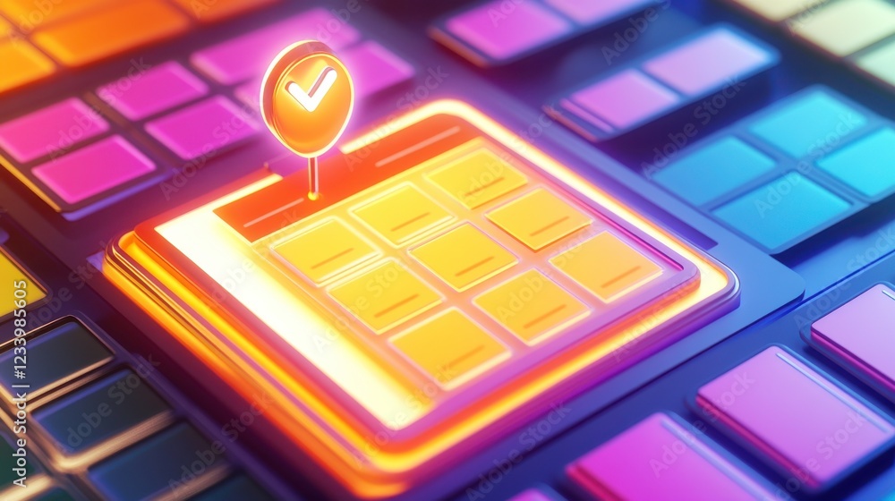 Poster a vibrant, colorful digital interface showcasing a grid of squares with a highlighted selection and 
