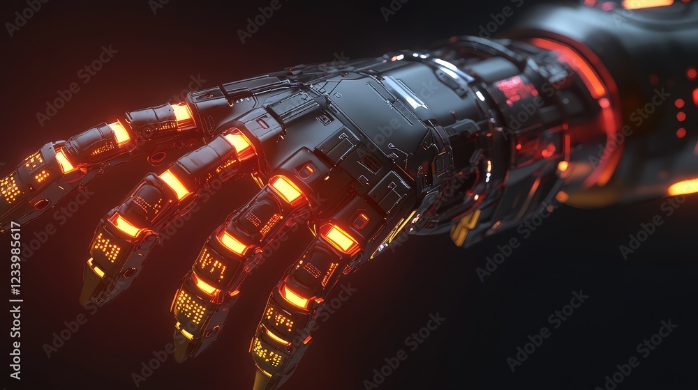 Poster advanced robotics technology with cybernetic arms, rotating gears, and glowing ai circuitry, creatin