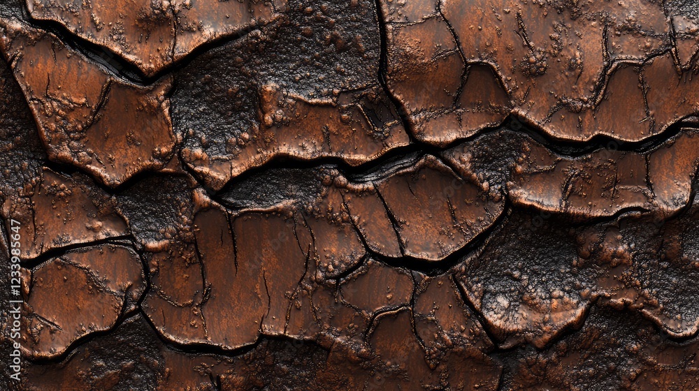 Poster aged and rusty surface of metal with deep cracks and visible corrosion, forming a textured backdrop 