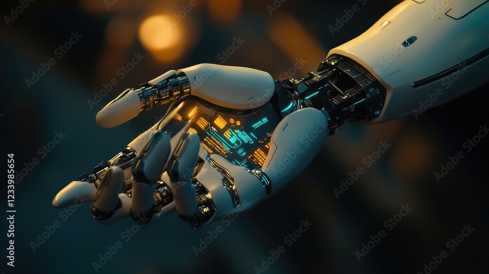 Poster advanced robotics technology with cybernetic arms, rotating gears, and glowing ai circuitry, creatin