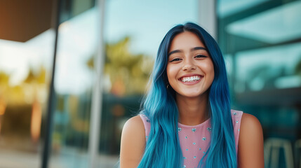 cheerful young woman with long blue hair smiles brightly in a cozy pink dress. Her carefree attitude and radiant smile pop against the sleek silver backdrop, radiating positivity a