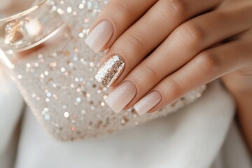 Stylish manicured nails showcasing glitter accents are gracefully holding a sparkling clutch, embodying glamour and sophistication at a high-end event