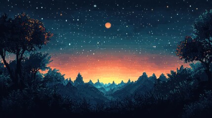 Naklejka premium Pixel art sunset landscape, starry night, mountains, forest, game background
