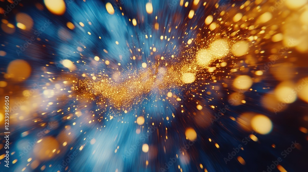 Poster blurred abstract city lights creating a dynamic and energetic bokeh effect in shades of blue and gol