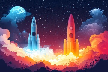 Two colorful rockets launch amidst a starry cosmic backdrop.