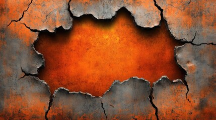 Obraz premium Close-up of a corroded metallic surface with orange rust streaks and deep cracks, leaving a clean space in the center for text or logo.