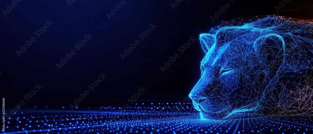 Poster lion head silhouette with a network of lines and dots representing connectivity and technology