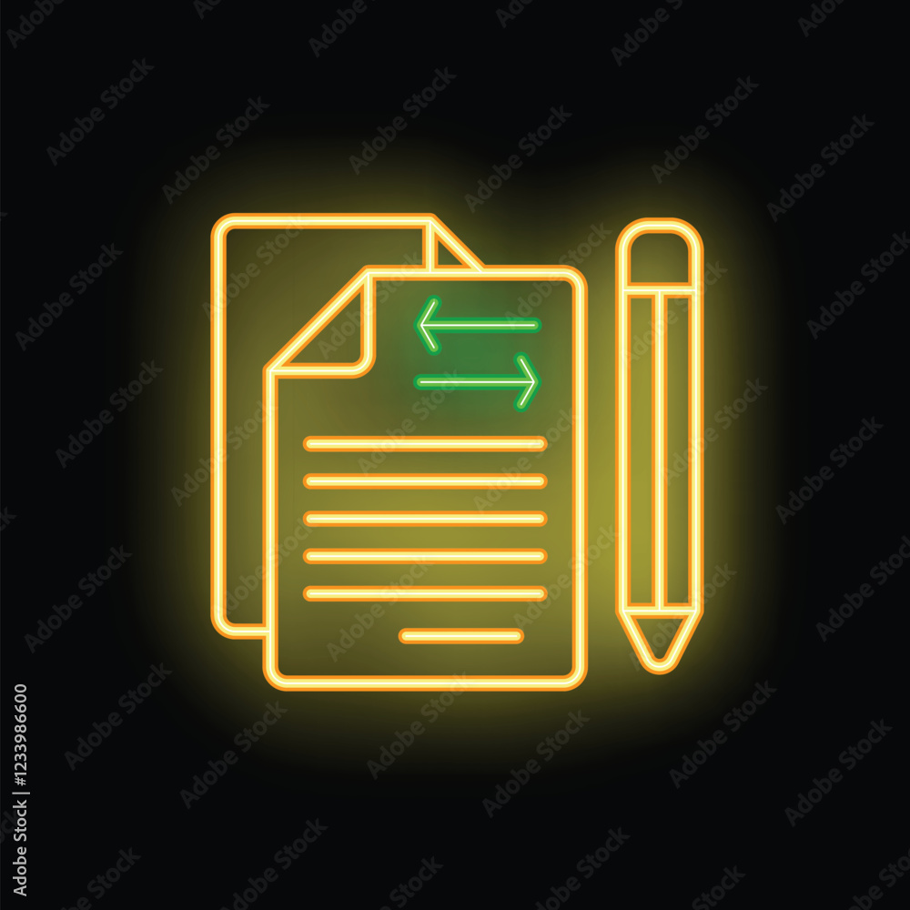 Poster neon glowing icon of a document editing concept with arrows indicating changes being made