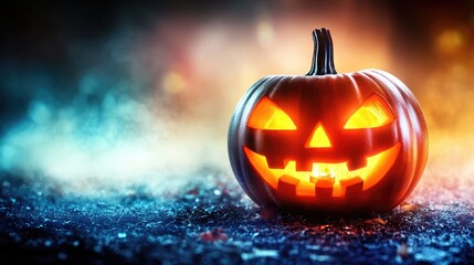 Close-up of a sinister jack-o'-lantern, its flickering light casting shadows on the ground, with a foggy, eerie background. Copy space for designs.