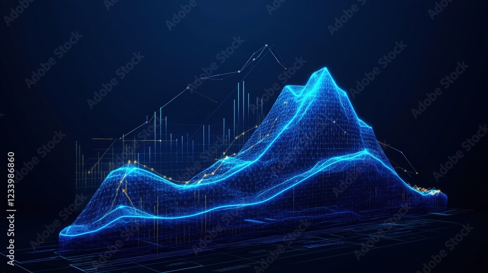 Poster blue line graph on dark background representing data trends and fluctuations in statistics and analy