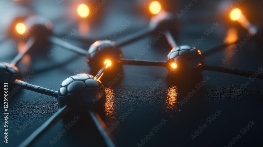 Poster close-up of high-tech molecular structure, with glowing particles and interwoven bonds in a dynamic 