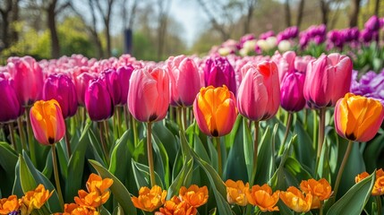 Obraz premium Colorful tulips blooming in spring park garden